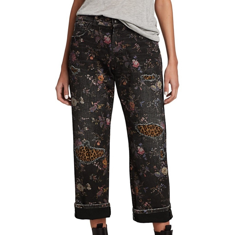 R13 distressed floral boyfriend jeans - some fabric rubbed off at quads.